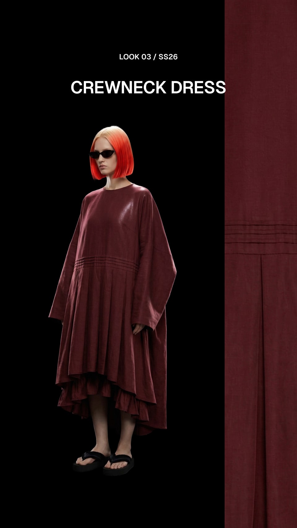 A model wearing a dark burgundy crewneck dress with a high-low tiered hem and sunglasses, set against a black background with a close-up of the dress fabric on the right side. Text at the top reads 'LOOK 03 / SS26 CREWNECK DRESS'.