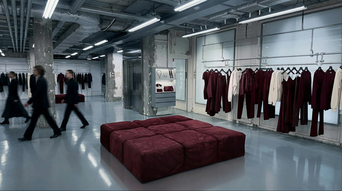 A large upholstered ottoman or bench in deep burgundy is placed in the center of a modern clothing showroom. Several men in dark suits walk through the space in the background, with racks of burgundy and cream garments hanging along the right wall.