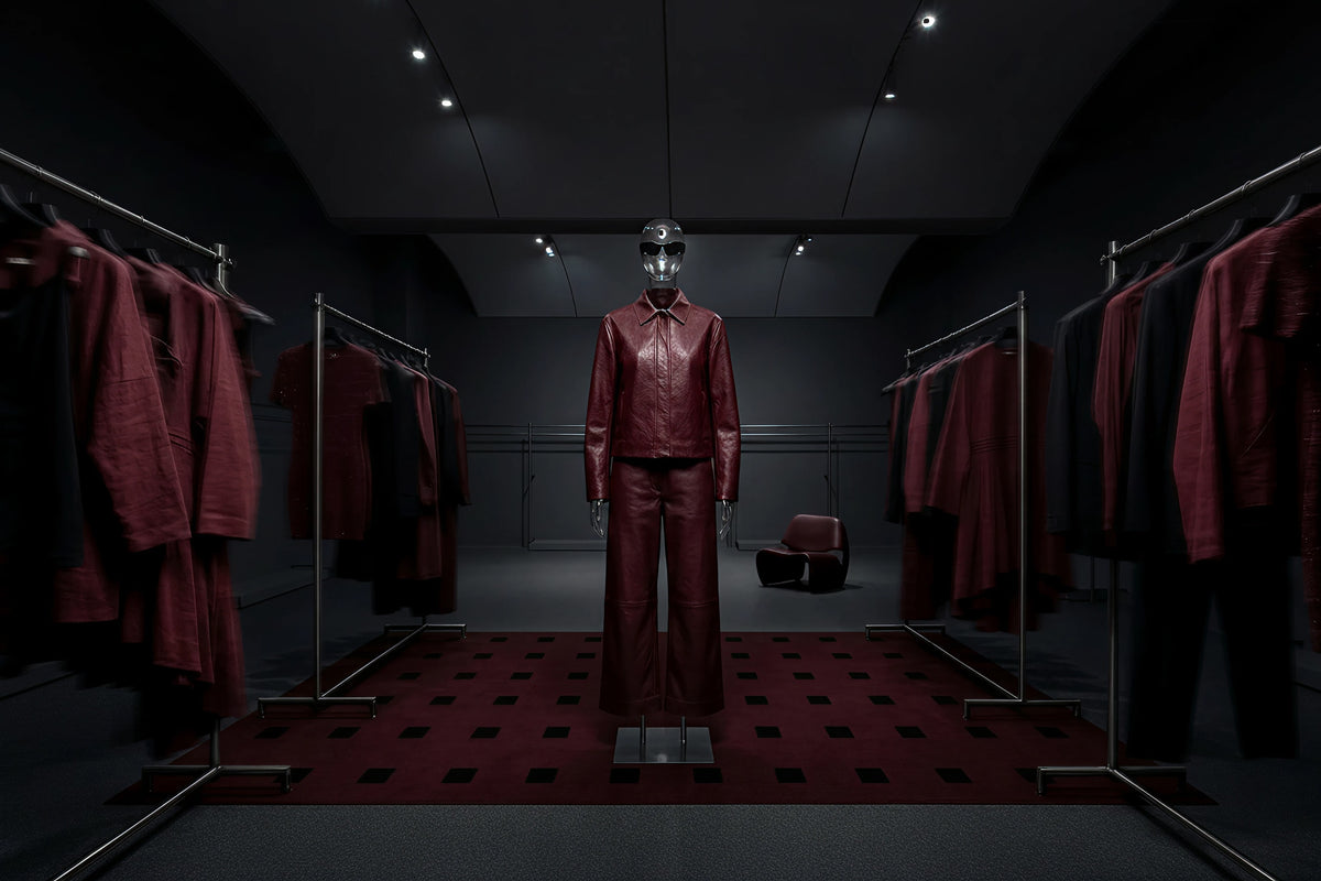 A mannequin wearing a glossy dark red leather suit stands in the center of a dimly lit boutique interior, surrounded by clothing racks filled with matching red and black garments.